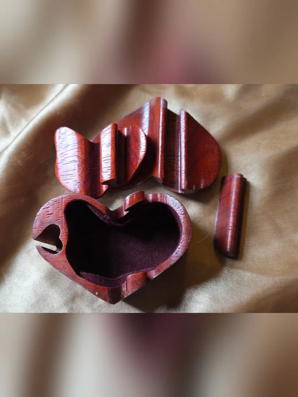 Unique Hand Carved Wooden Heart Puzzle Box - Deep Brown